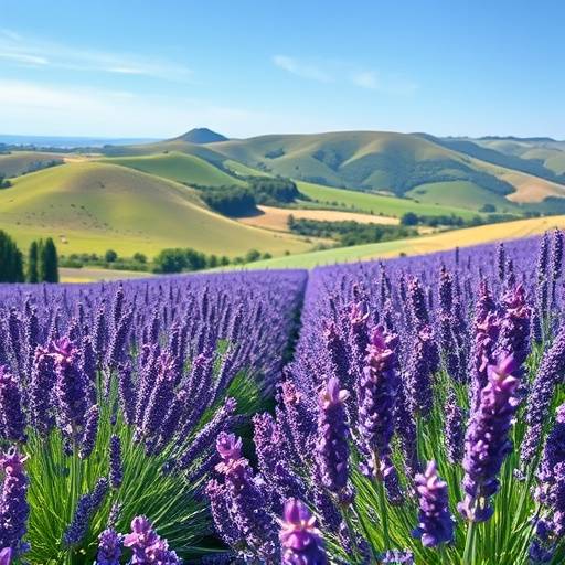 Vue panoramique sur un champ de lavande en fleur en Provence, avec ciel bleu et collines en arrière-plan